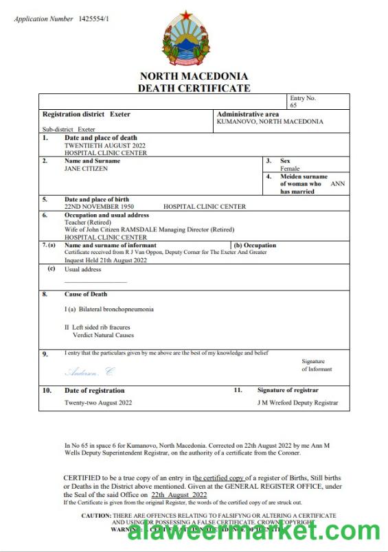 North Macedonia death certificate Word and PDF template
